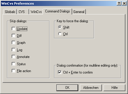 Einstellungen: WinCsv Preferences - Command Dialogs