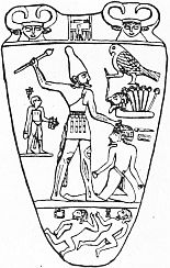 Symbolische Darstellung des Sieges Ober-
gyptens ber Untergypten. Schminkpalette
des Knigs Narmer, 3. Jt. v.u.Z.