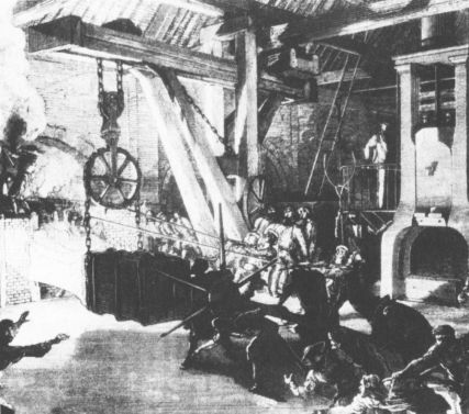 Dampfhammer eines französischen Eisenwerkes in der Mitte des 19. Jh.
Zeitgenössische Darstellung