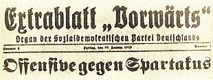 Extrablatt 'Vorwärts'
Organ der Sozialdemokratischen Partei Deutschlands
Freitag, der 10. Januar 1919
Offensive gegen Spartakus

