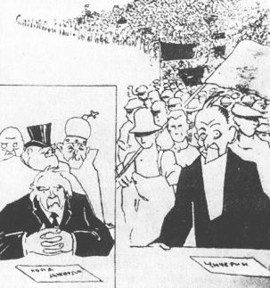 Die Konferenz von Genua: Wer steht hinter Lloyd George und wer
    hinter Tschitscherin ? Zeitgenössische sowjetische Karikatur