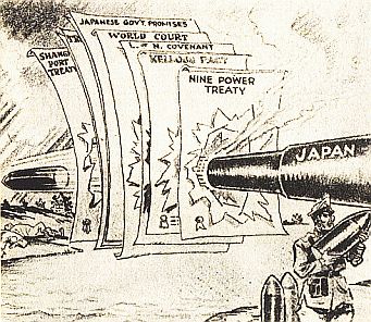 Zeitgenössische Karikatur aus den USA,
die die Aggression Japans gegen China und
die Mißachtung der entsprechenden Verträge anklagt