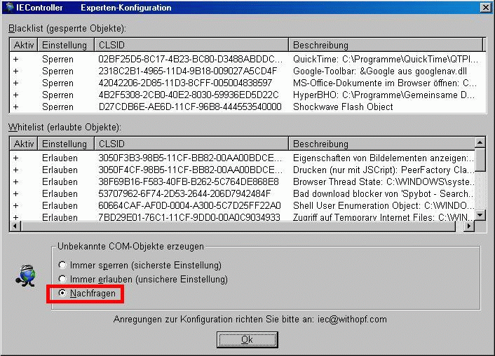 IEController Experten-Konfiguration für ActiveX
 Unbekannte COM-Objekte erzeugen
 (o) Nachfragen